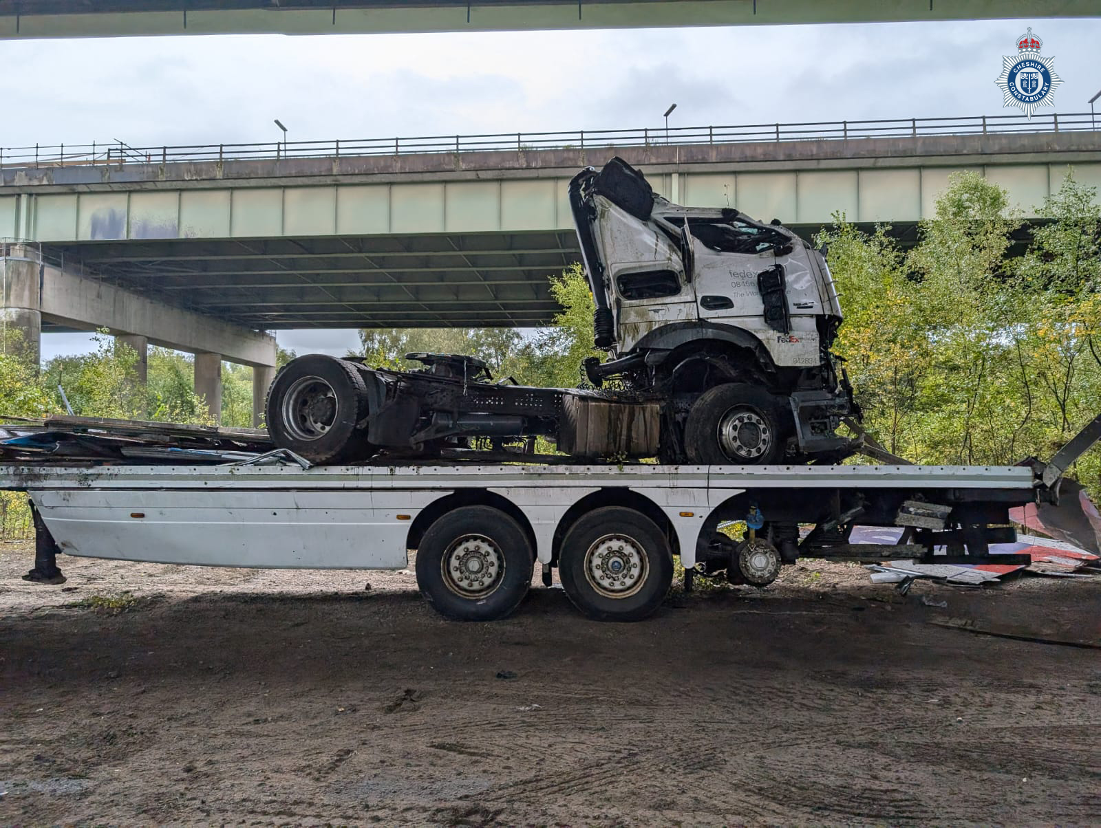 Cheshire Police has released these photos showing the damaged lorry