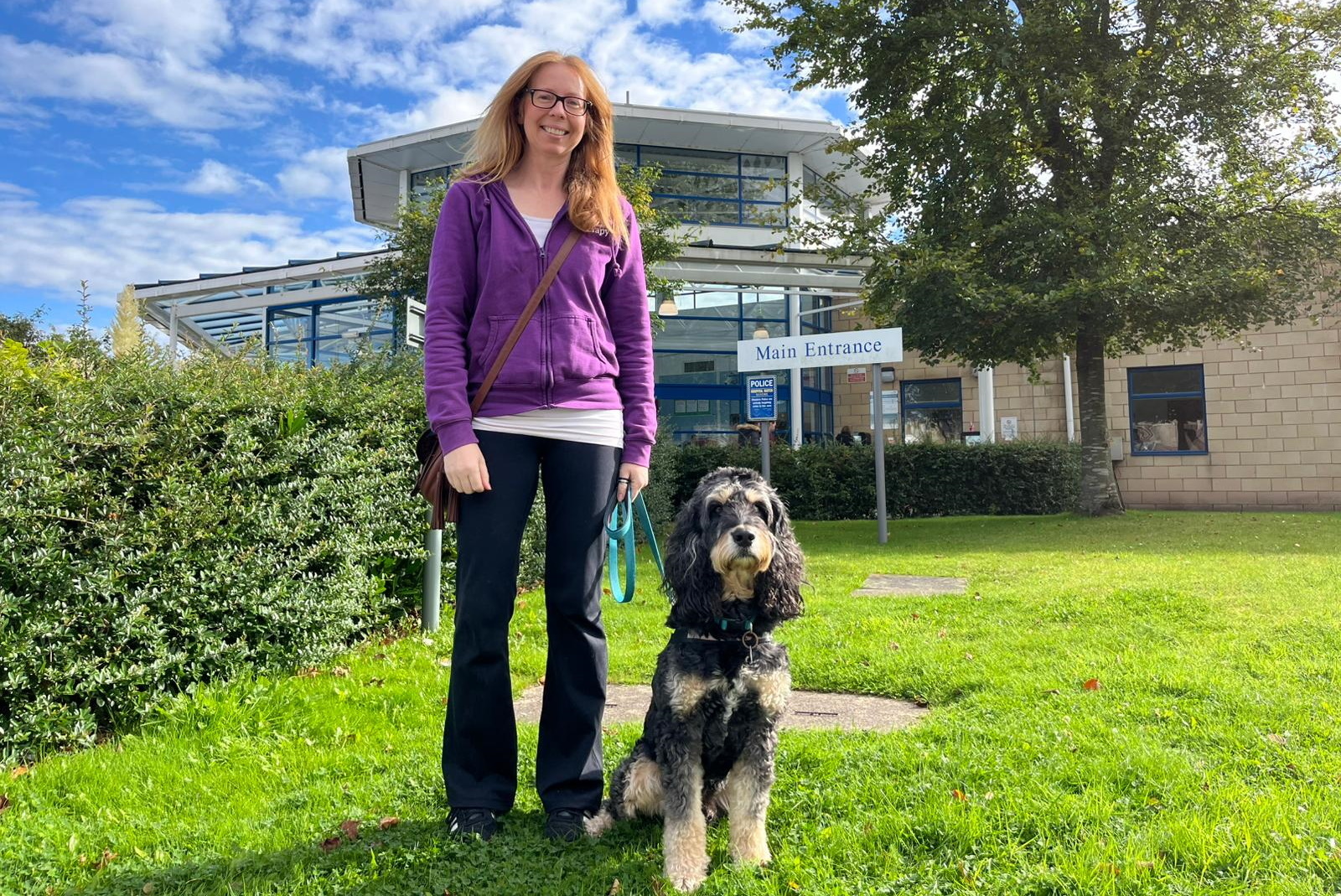 Otis outside Warrington Hospital with his owner, Jude Leng